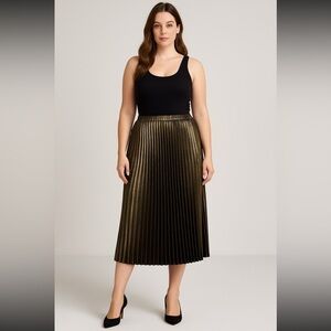 new directions Metallic Gold Pleated Midi Skirt EUC